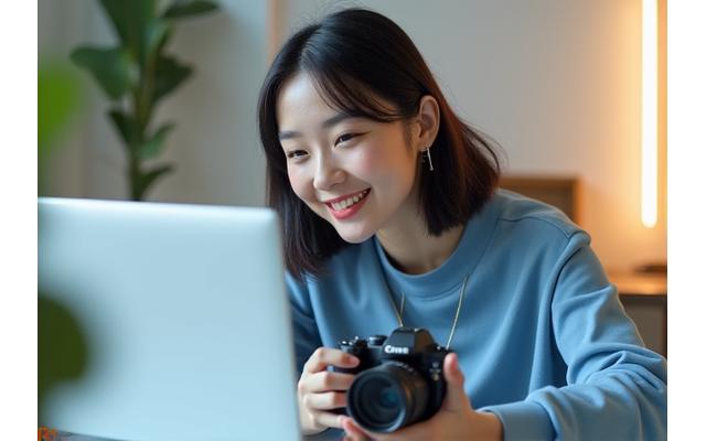 판매를 위해 카메라를 잡고 있는 사진작가