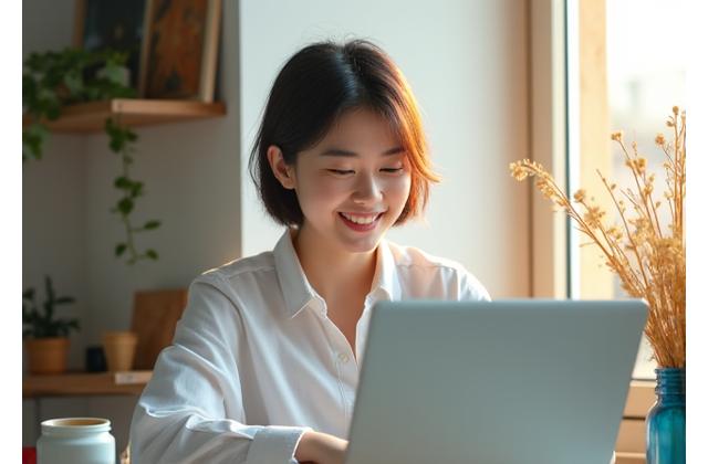 자신의 스튜디오에서 만족스러운 표정으로 노트북을 보고 있는 젊은 여성 사진작가